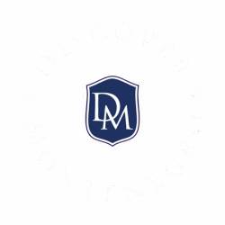 round navy and white logo with rounded words and central DM sign
